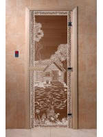 Дверь с рисунком «Банька в лесу» (каленое прозрачное стекло Бронза, 8мм, 1900х700 мм)
