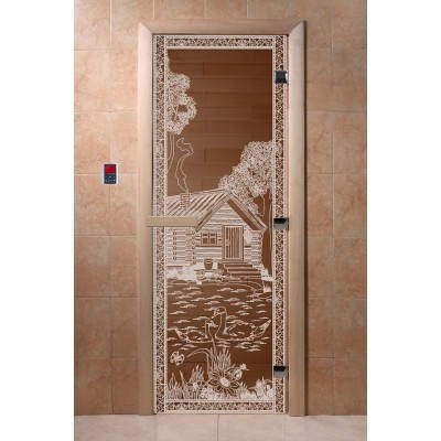 Дверь с рисунком «Банька в лесу» (каленое прозрачное стекло Бронза, 8мм, 1900х700 мм) - фото