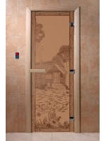Дверь с рисунком «Банька в лесу» (каленое матовое стекло Бронза, 8мм, 1900х700 мм)