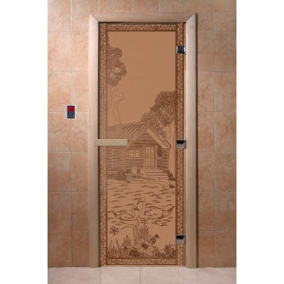 Дверь с рисунком «Банька в лесу» (каленое матовое стекло Бронза, 8мм, 1900х700 мм) - фото